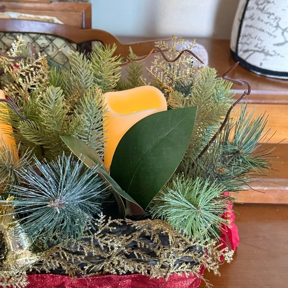 XL 25”  Festive Holiday Candle Gold Centerpiece with Greenery - Home Holiday
